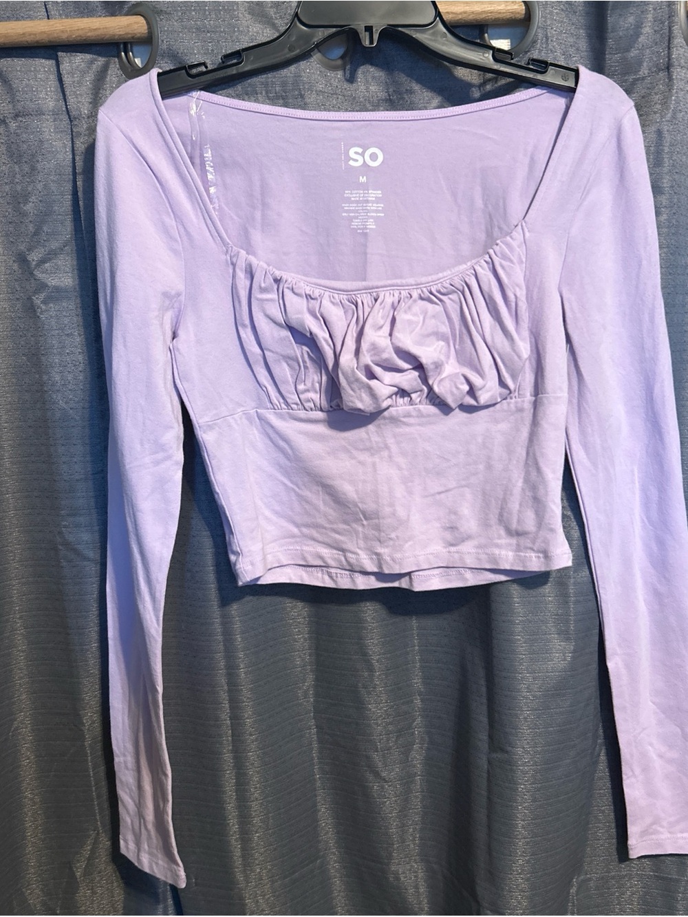 SO Lavender Long-Sleeve Ruched Square-Neck Crop Top